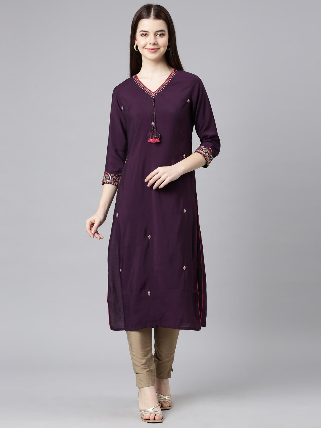 Neerus Purple shantoon embellished straight kurta - front view