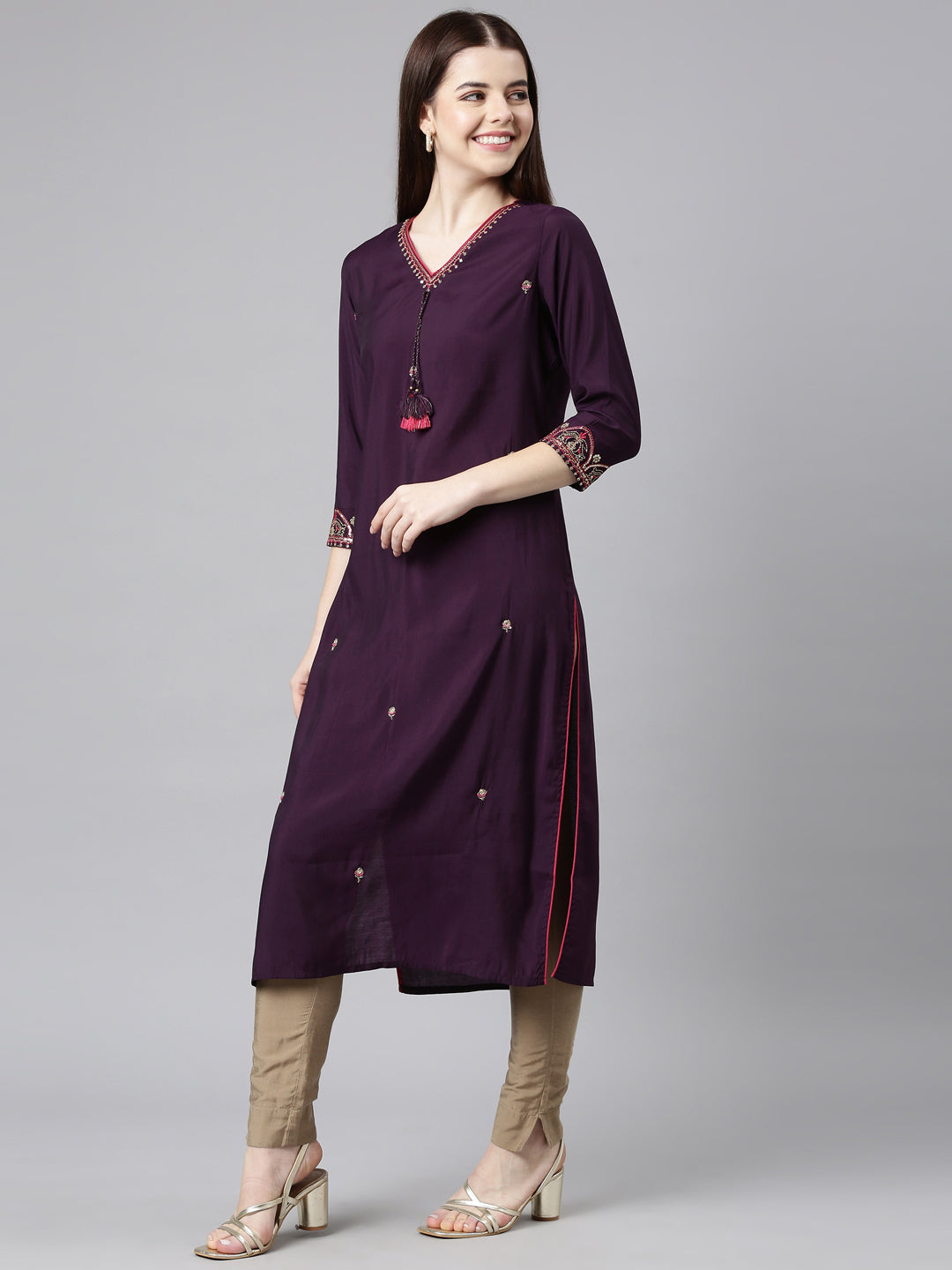 Neerus Purple shantoon embellished straight kurta - back view