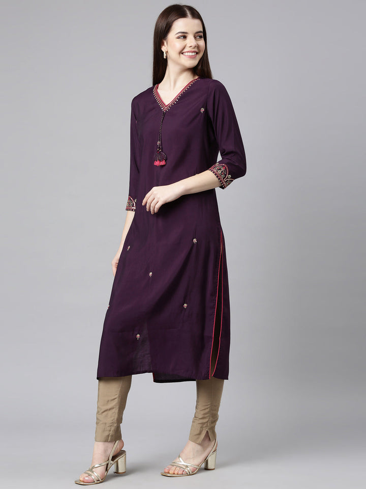 Neerus Purple shantoon embellished straight kurta - back view
