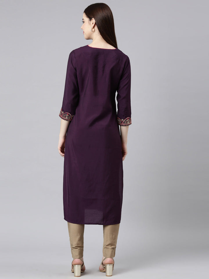 Neerus Purple shantoon embellished straight kurta - side view