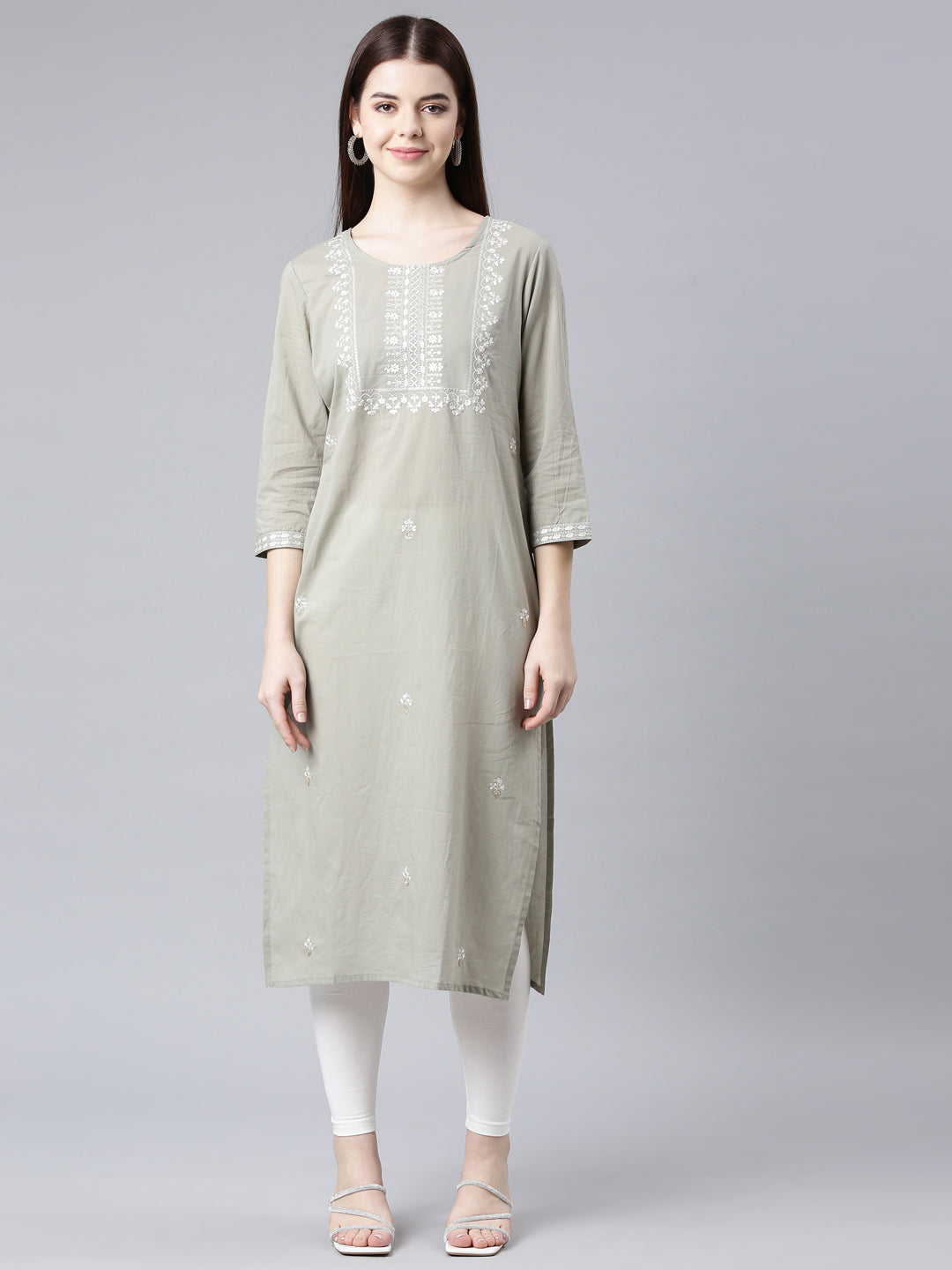 Neerus Grey floral printed straight kurta - front view