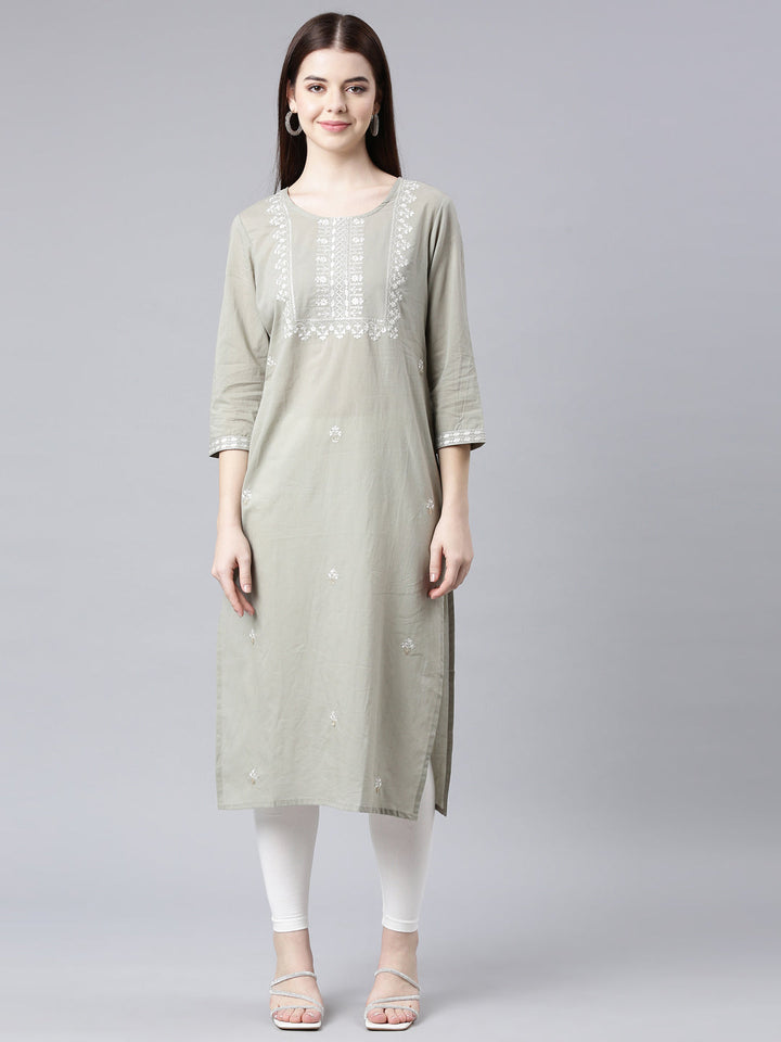 Neerus Grey floral printed straight kurta - front view