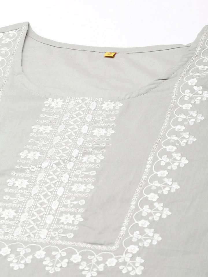 Neerus Grey floral printed straight kurta - detail view 3