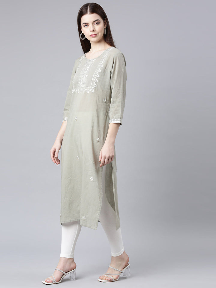 Neerus Grey floral printed straight kurta - back view