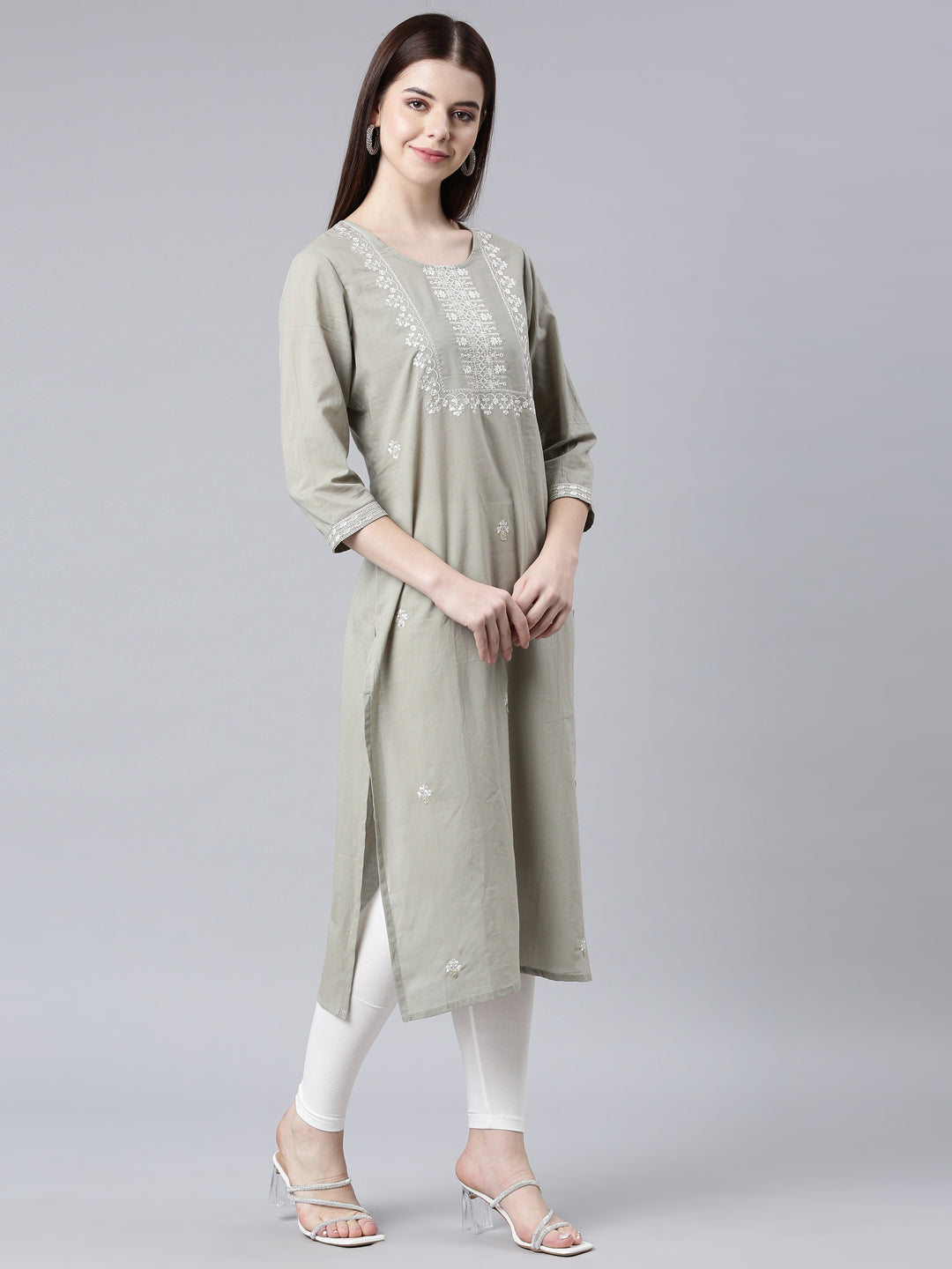 Neerus Grey floral printed straight kurta - side view