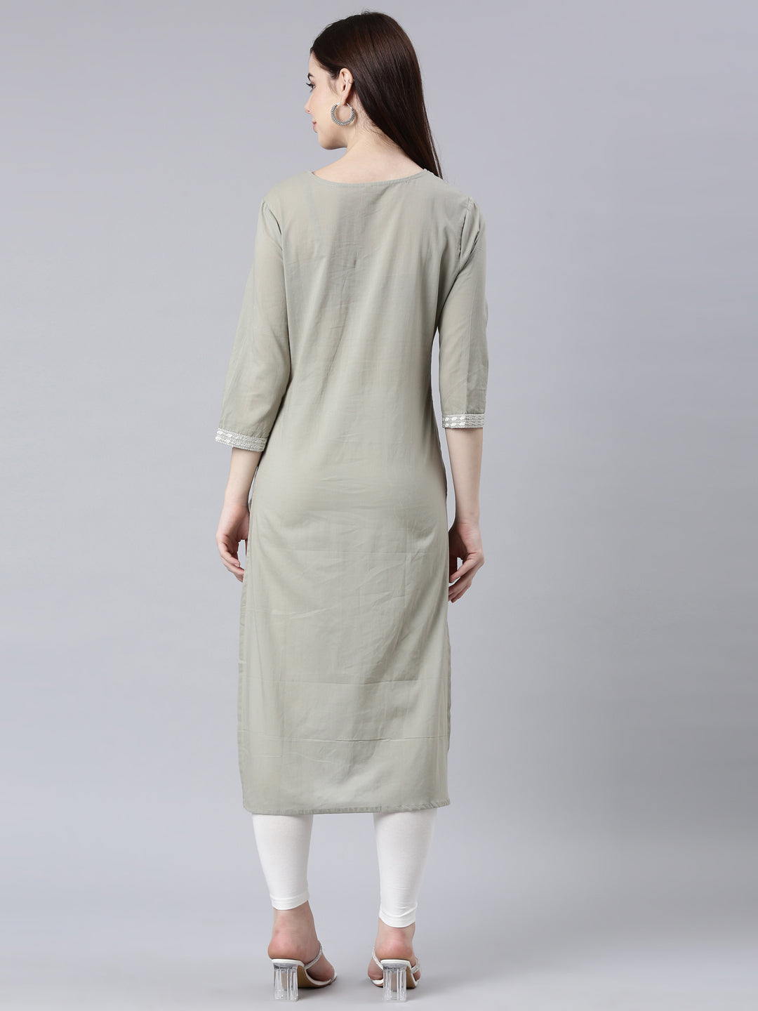 Neerus Grey floral printed straight kurta - detail view 1