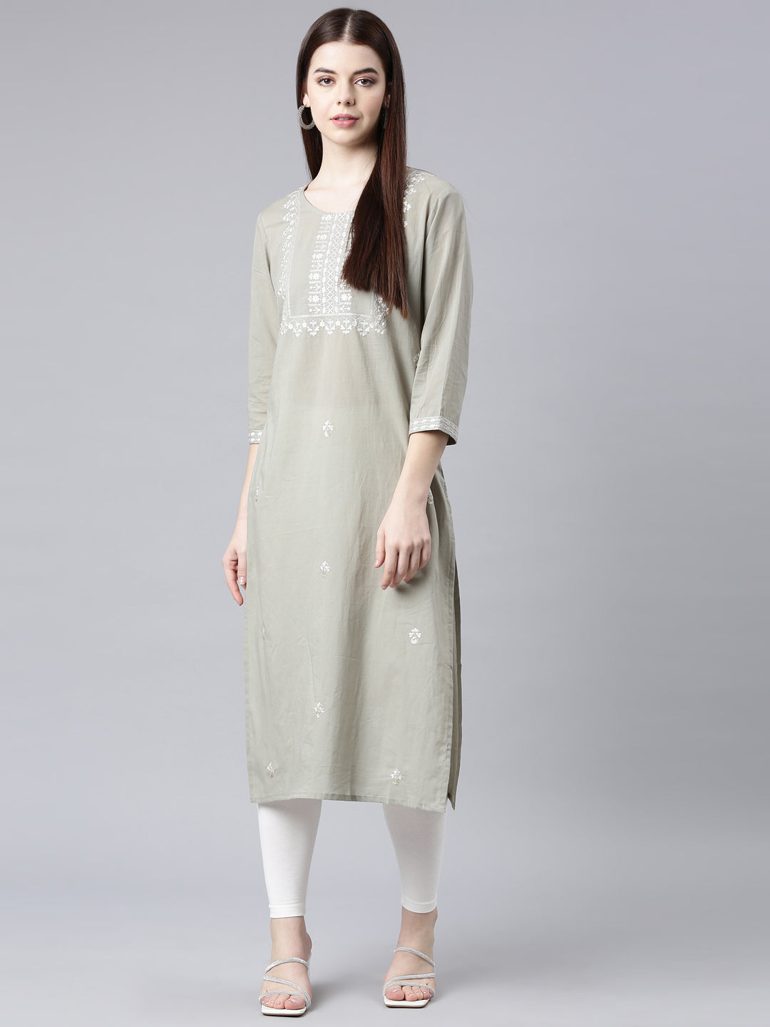 Neerus Grey floral printed straight kurta - detail view 5