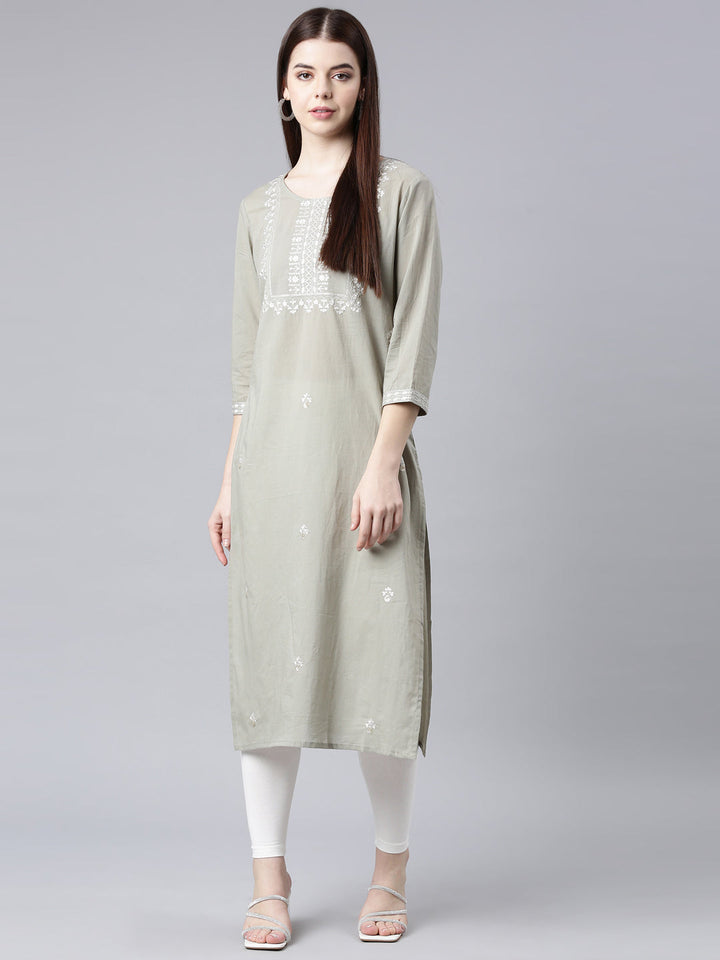 Neerus Grey floral printed straight kurta - detail view 5