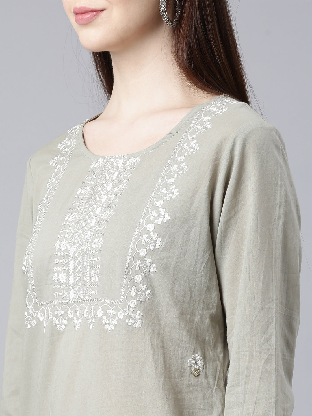 Neerus Grey floral printed straight kurta - detail view 2