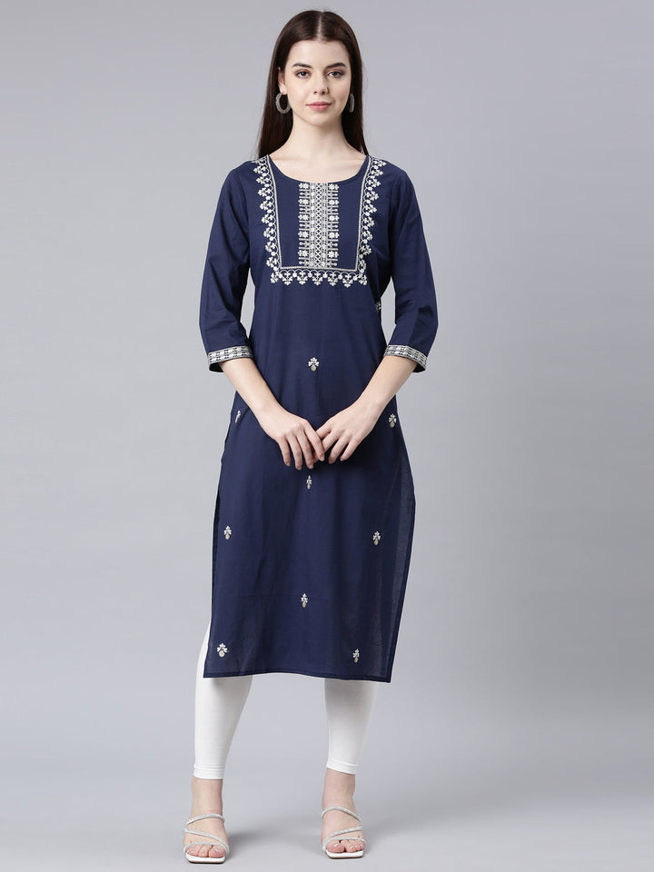 Neerus Blue cotton printed floral straight kurta - front view