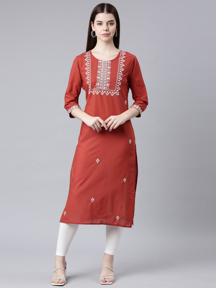 Neerus Orange cotton printed straight kurta - front view