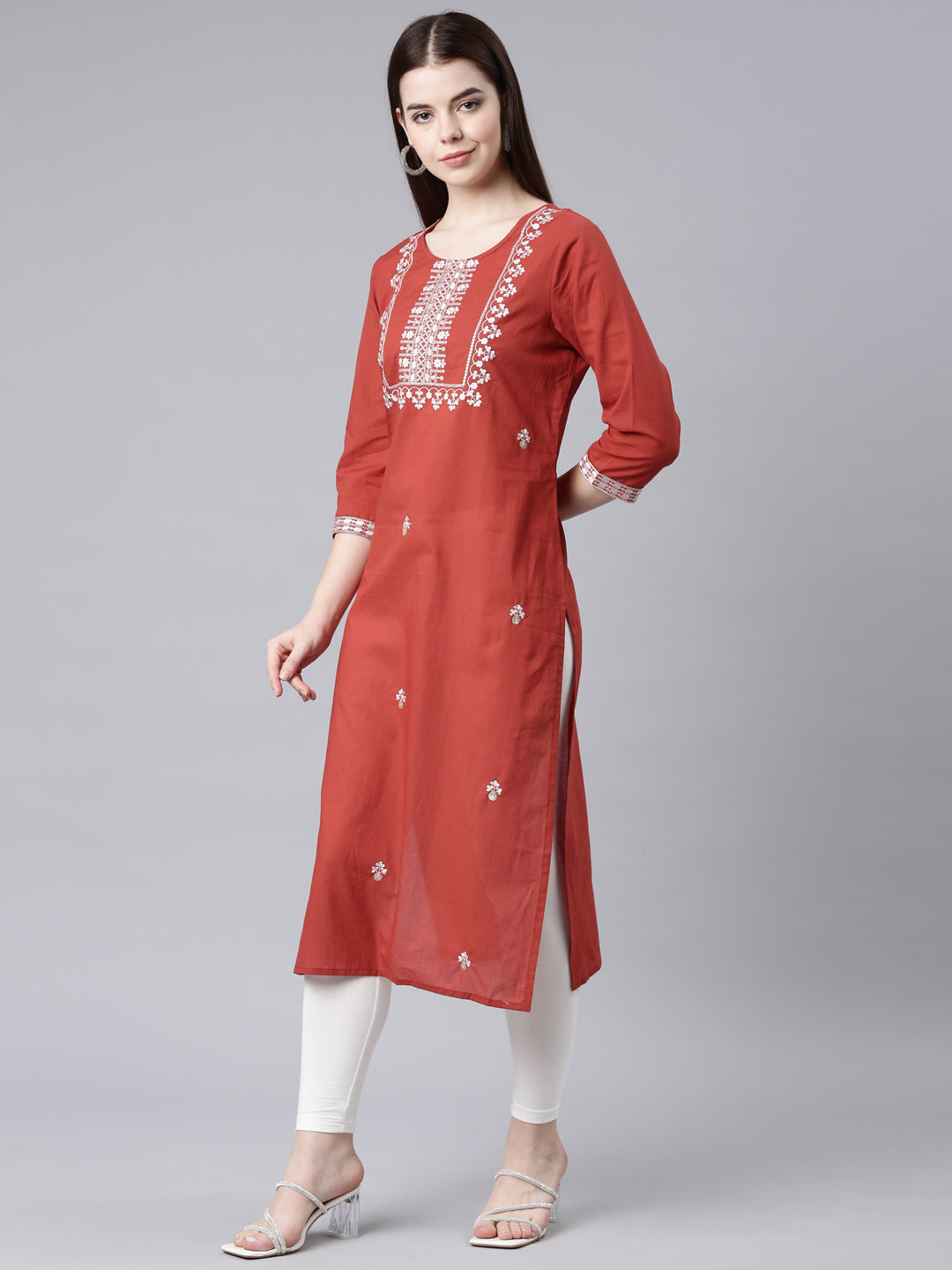 Neerus Orange cotton printed straight kurta - back view