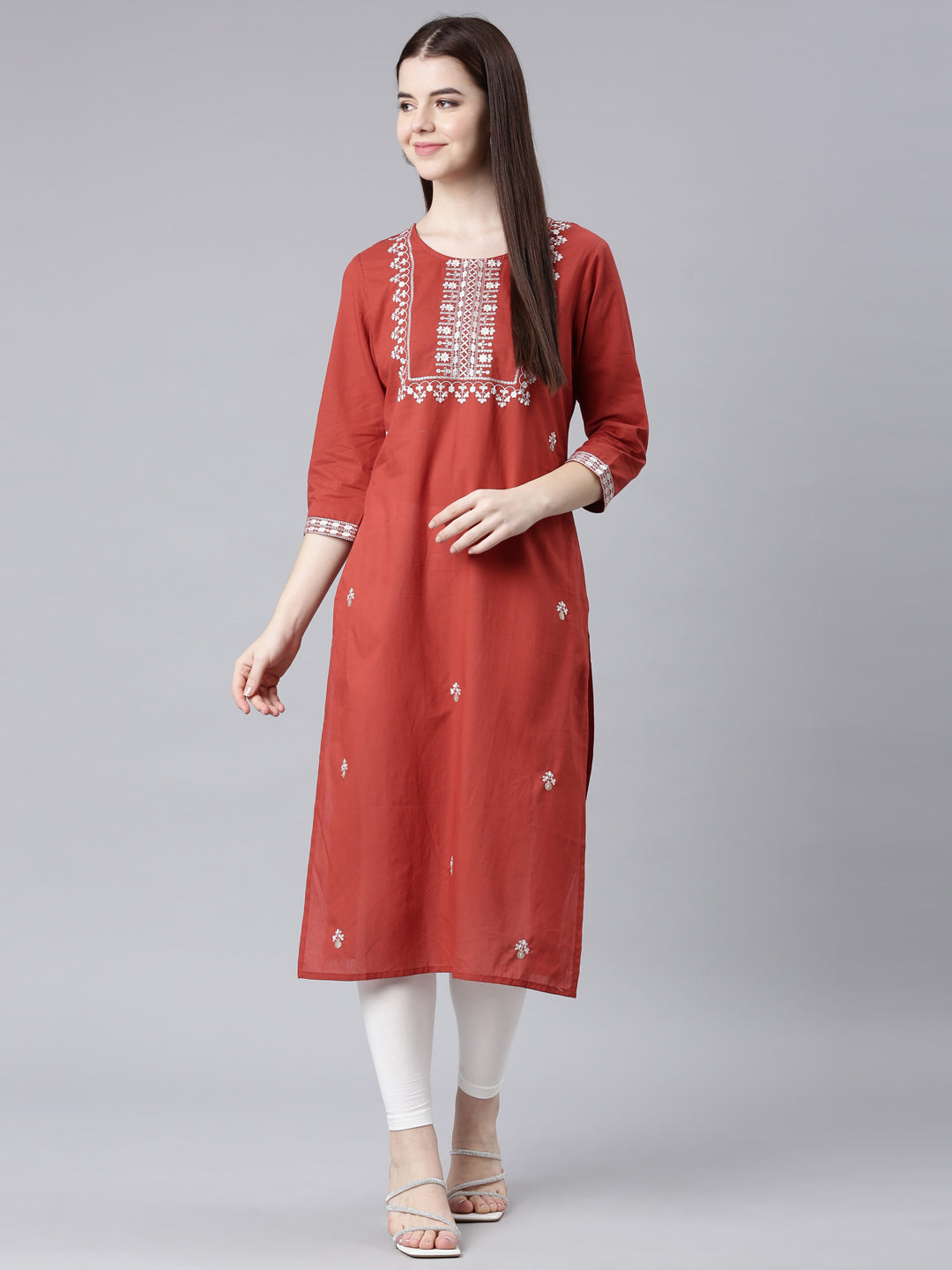 Neerus Orange cotton printed straight kurta - detail view 4