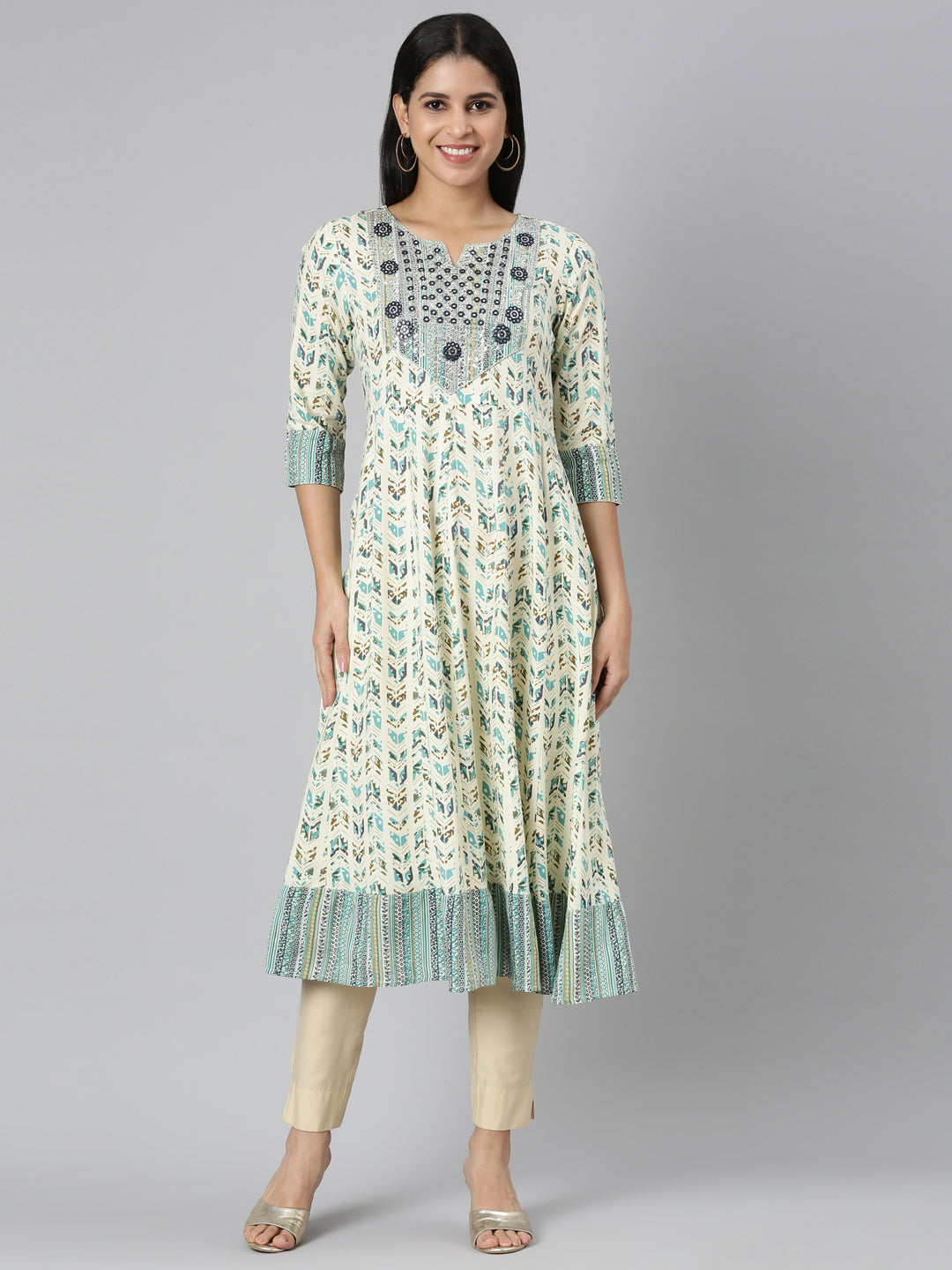 Neerus Green printed floral anarkali kurta - front view