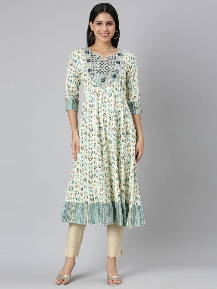 Neerus Green printed floral anarkali kurta - front view