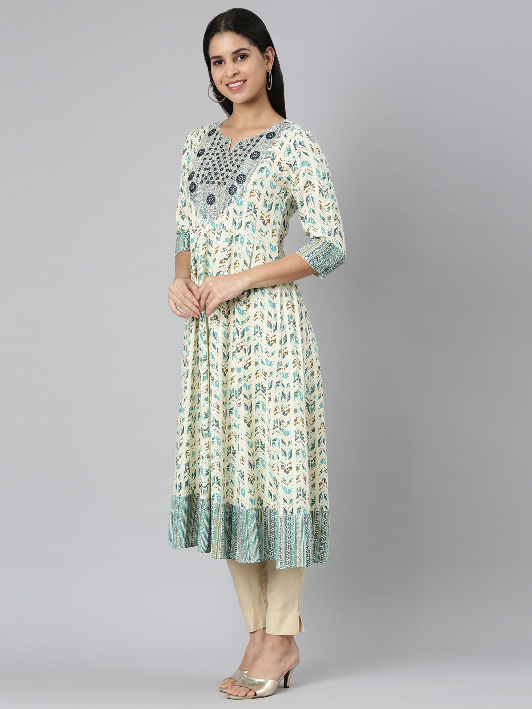 Neerus Green printed floral anarkali kurta - back view