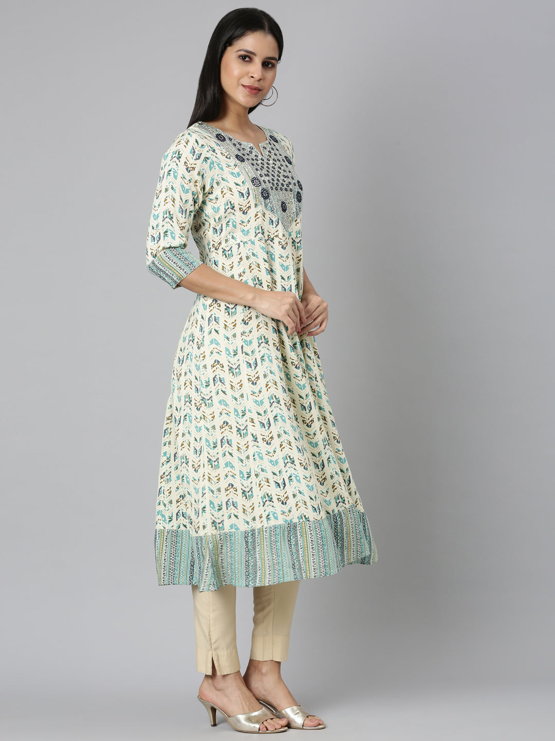 Neerus Green printed floral anarkali kurta - side view