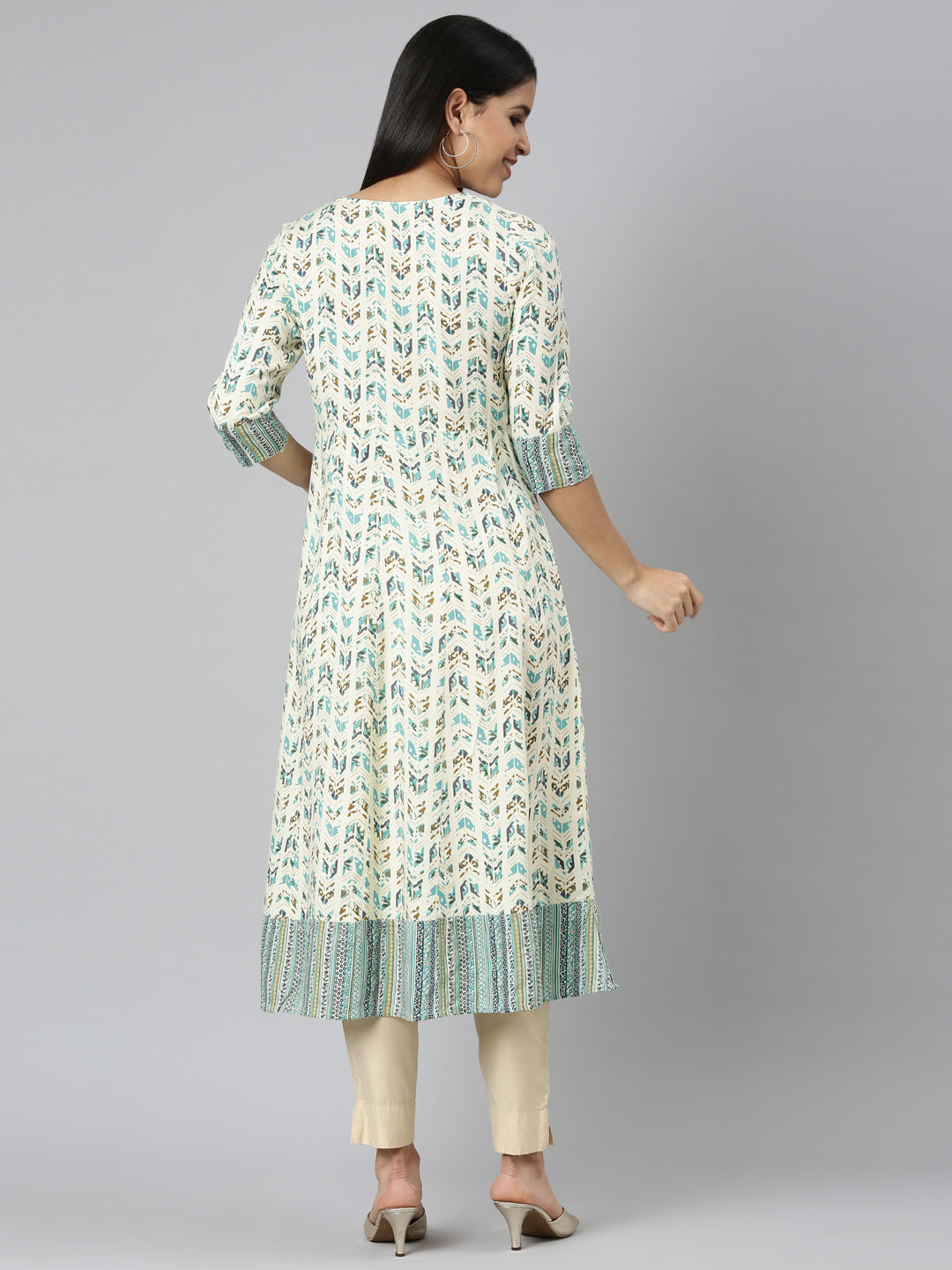 Neerus Green printed floral anarkali kurta - detail view 1