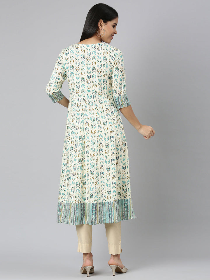Neerus Green printed floral anarkali kurta - detail view 1