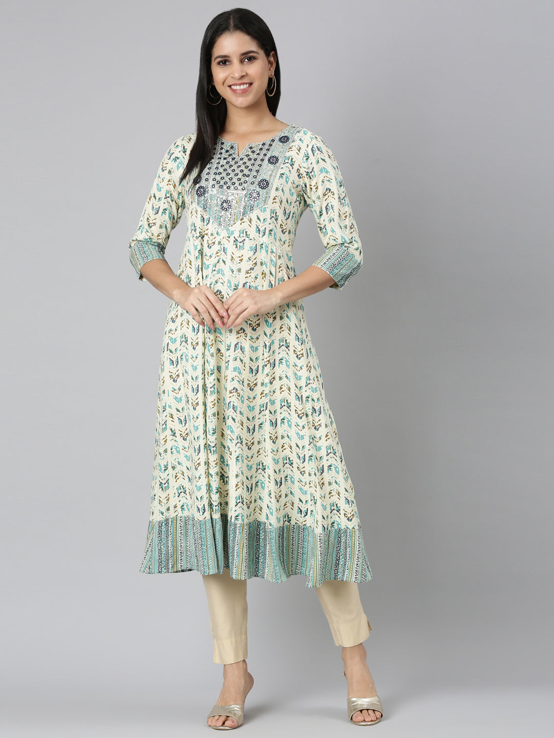 Neerus Green printed floral anarkali kurta - detail view 5