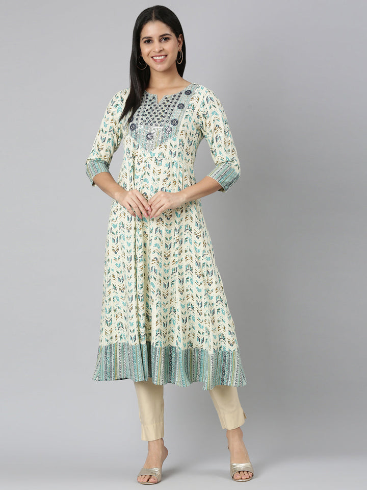 Neerus Green printed floral anarkali kurta - detail view 5