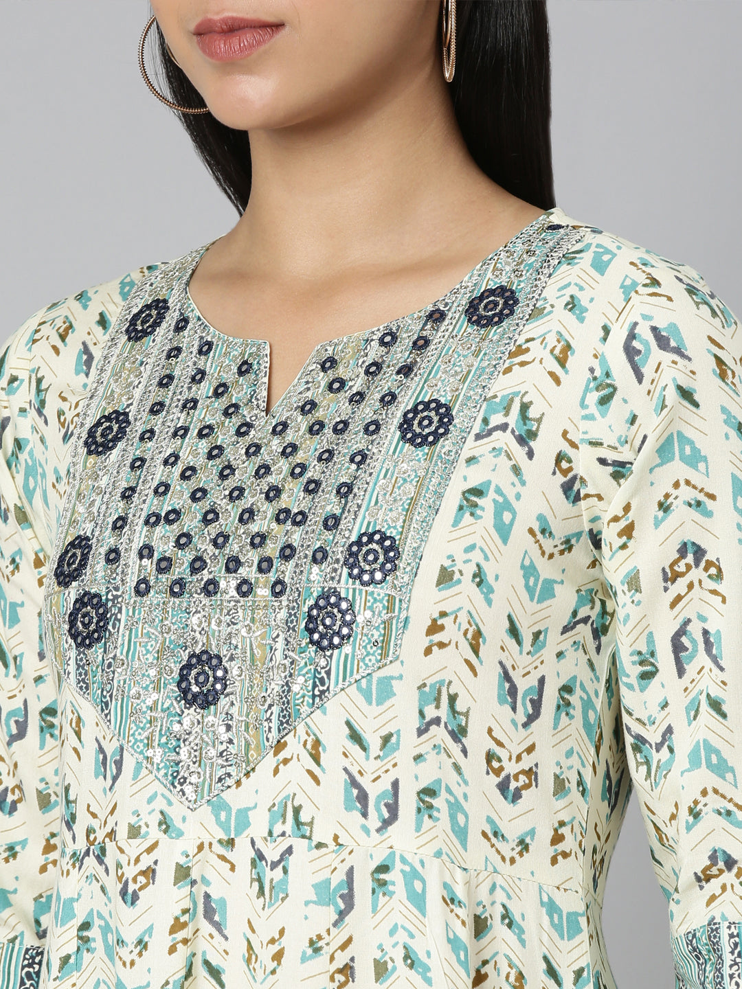 Neerus Green printed floral anarkali kurta - detail view 2