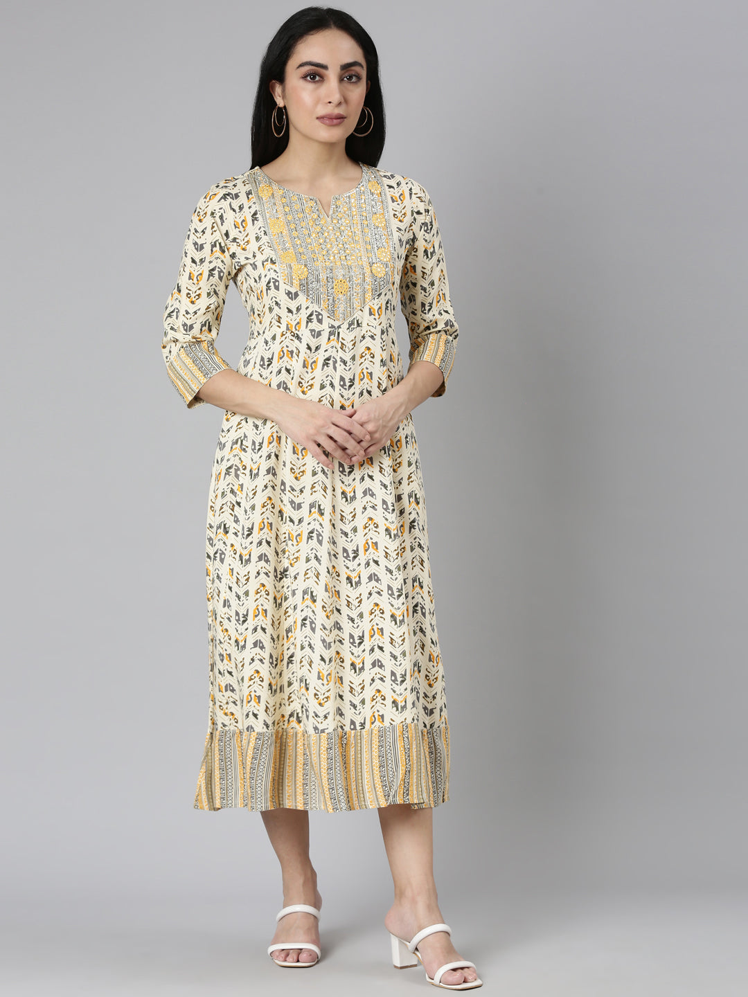 Neerus Yellow printed Anarkali kurti floral flared - front view