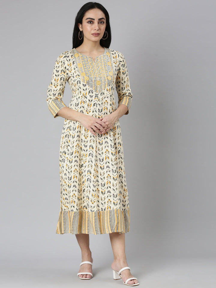 Neerus Yellow printed Anarkali kurti floral flared - front view