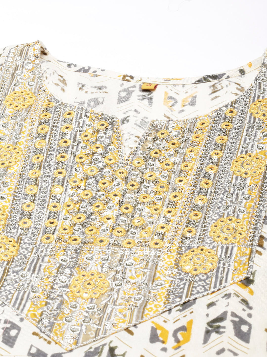 Neerus Yellow printed Anarkali kurti floral flared - detail view 3