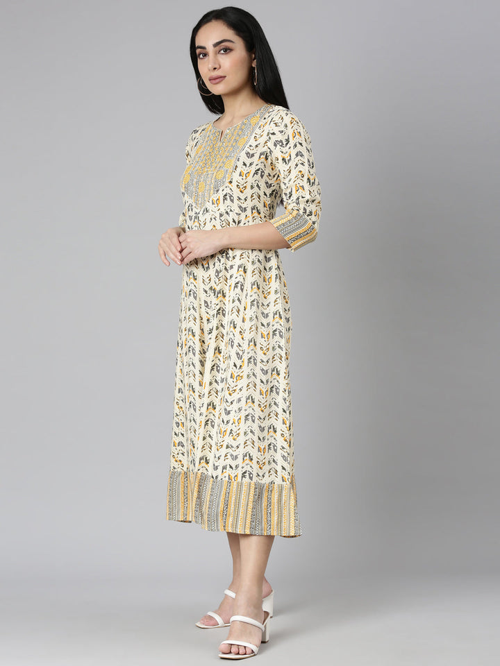 Neerus Yellow printed Anarkali kurti floral flared - back view