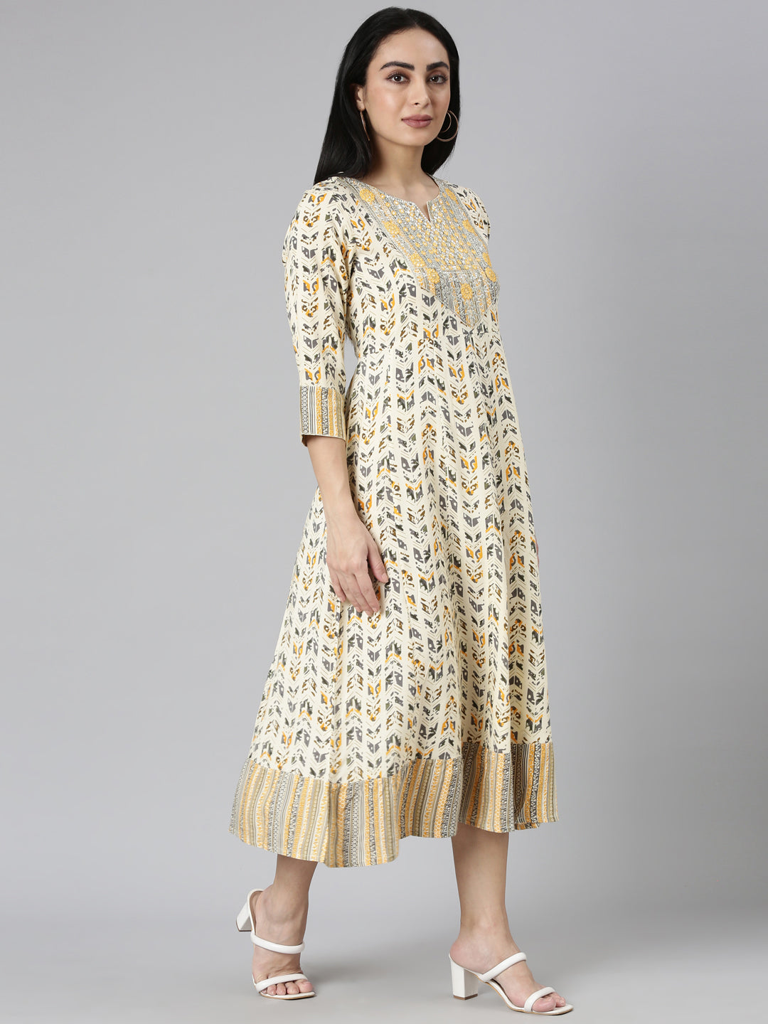 Neerus Yellow printed Anarkali kurti floral flared - side view