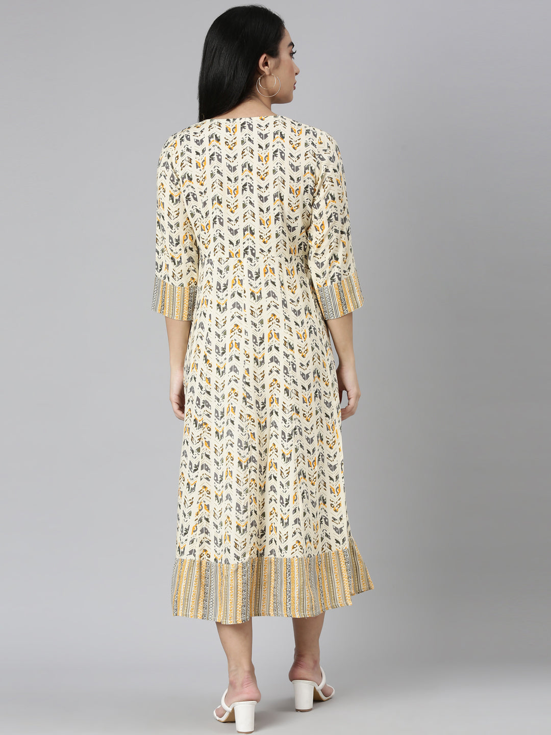 Neerus Yellow printed Anarkali kurti floral flared - detail view 1