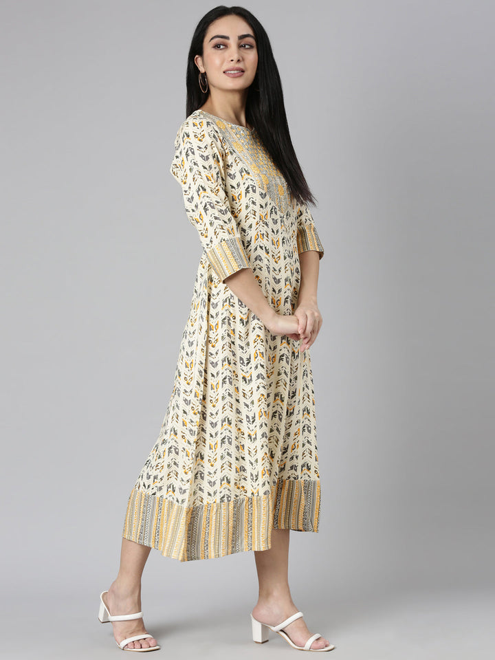 Neerus Yellow printed Anarkali kurti floral flared - detail view 5