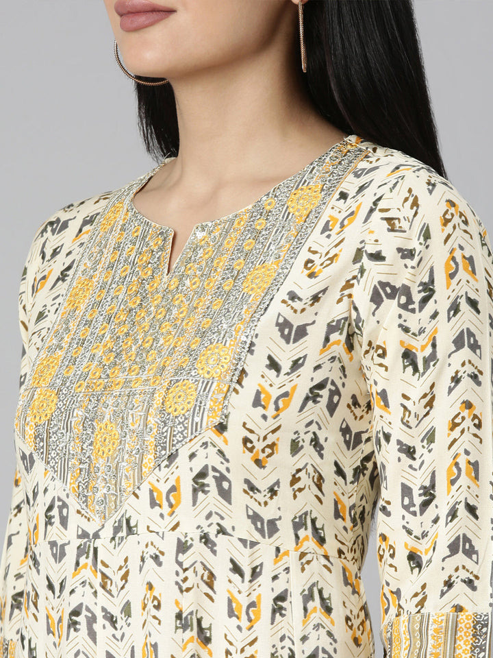 Neerus Yellow printed Anarkali kurti floral flared - detail view 2