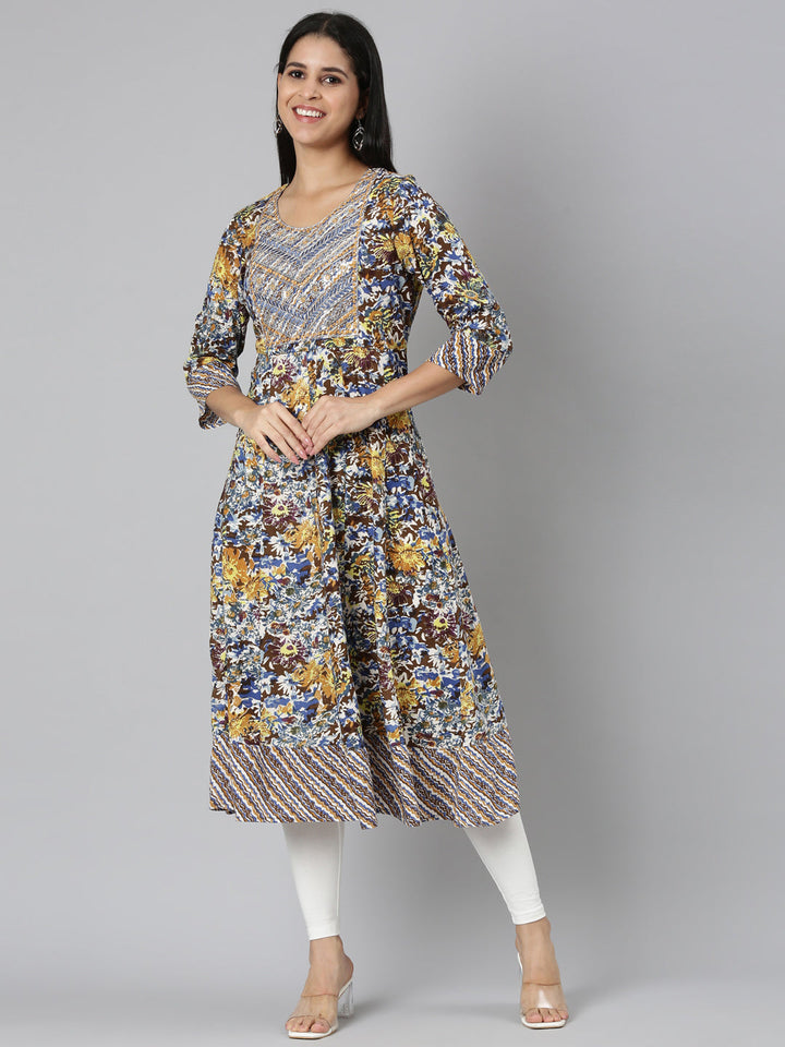 Neerus Brown floral printed anarkali kurta - front view