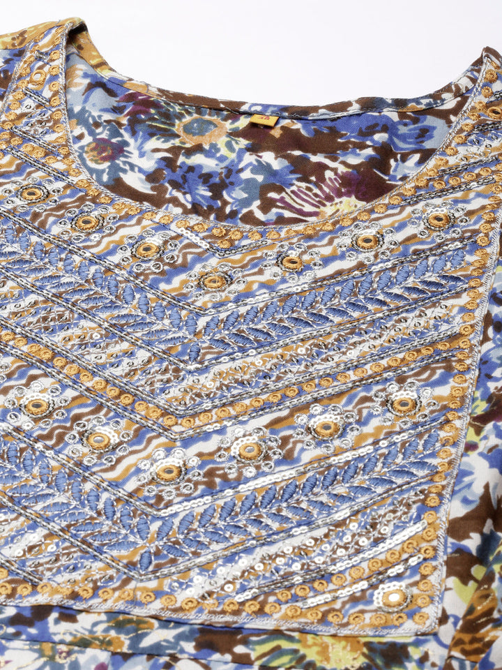 Neerus Brown floral printed anarkali kurta - detail view 3