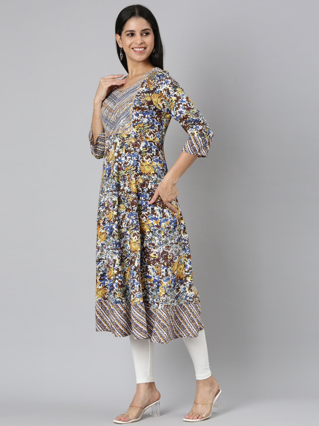 Neerus Brown floral printed anarkali kurta - back view