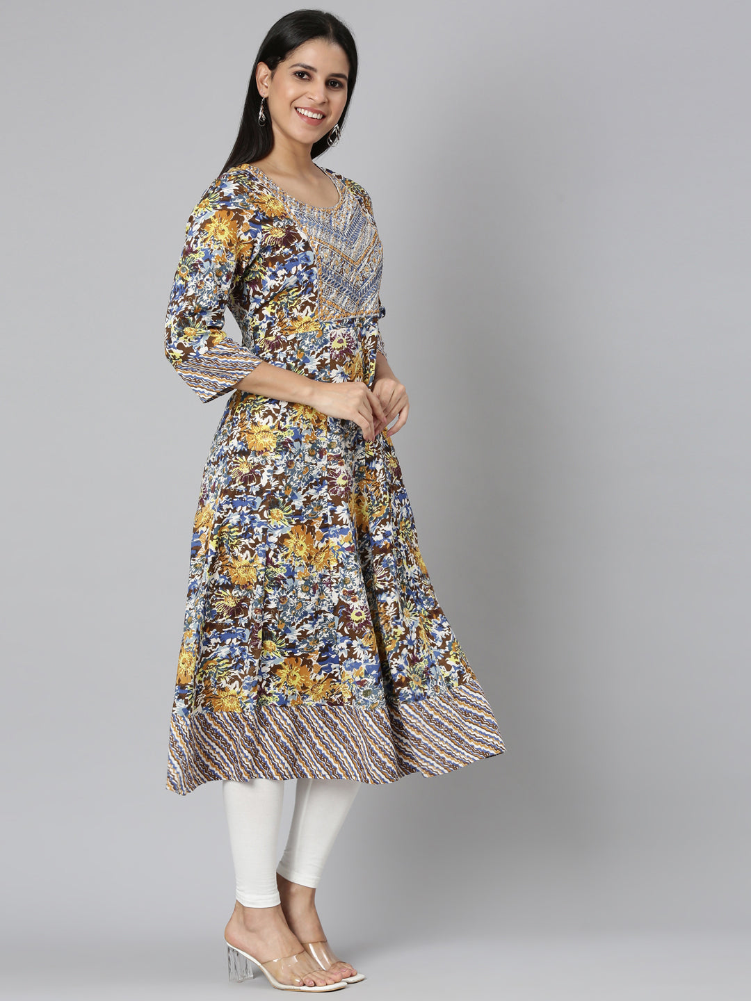 Neerus Brown floral printed anarkali kurta - side view