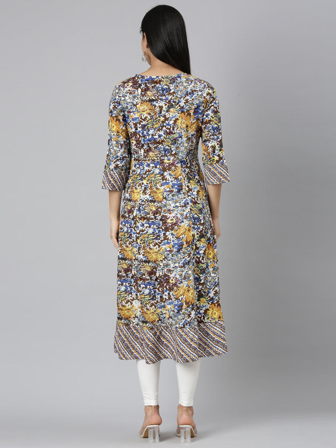 Neerus Brown floral printed anarkali kurta - detail view 1