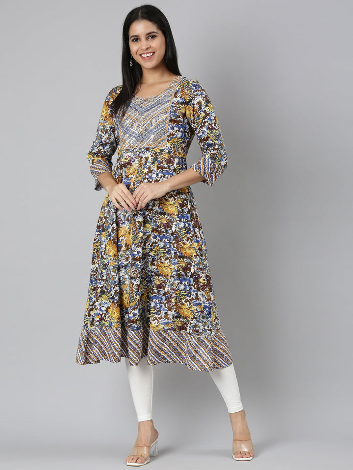 Neerus Brown floral printed anarkali kurta - detail view 5