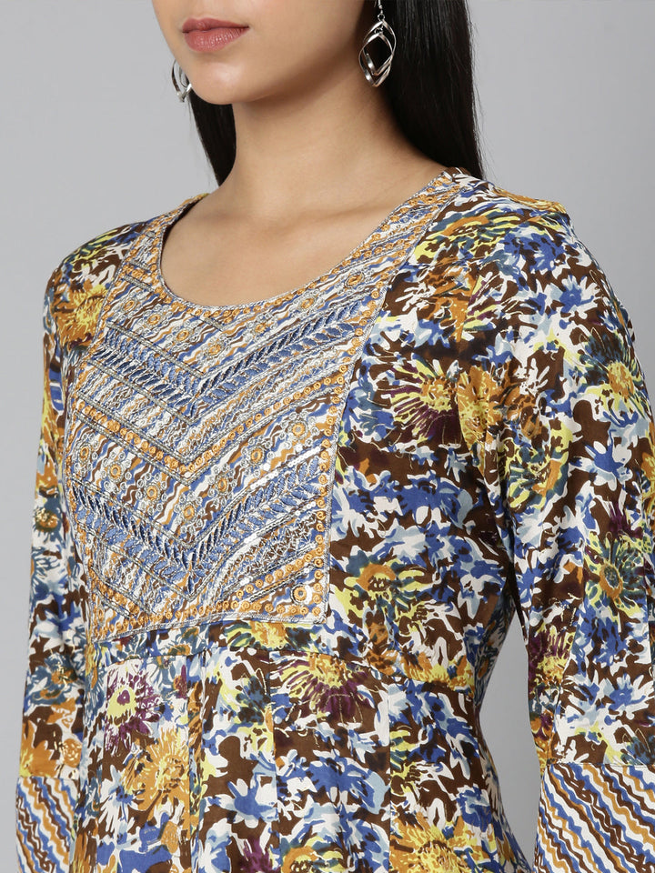 Neerus Brown floral printed anarkali kurta - detail view 2