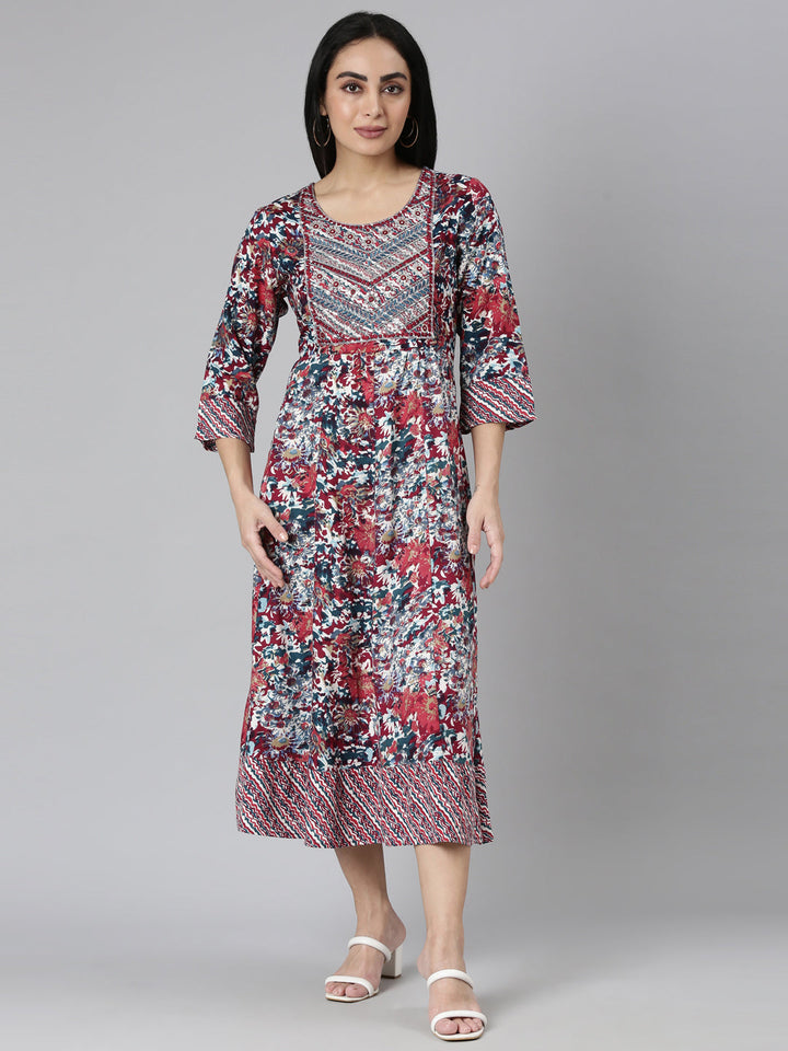 Neerus Maroon rayon printed straight kurta - front view