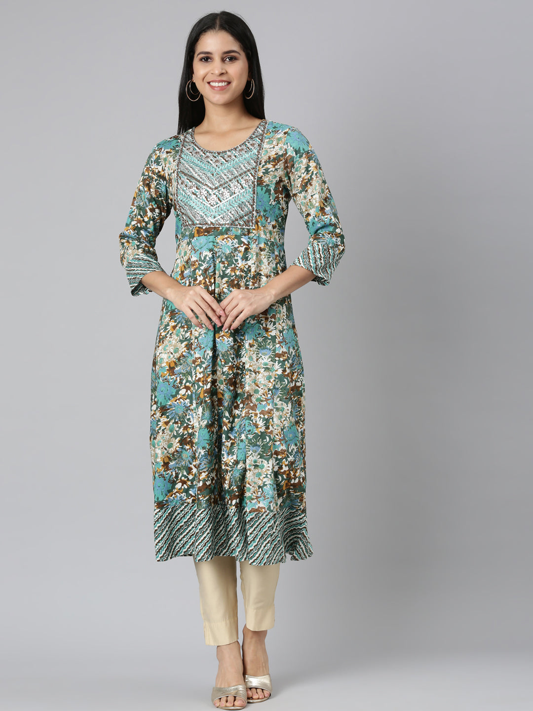 Neerus Green printed floral anarkali kurta - front view