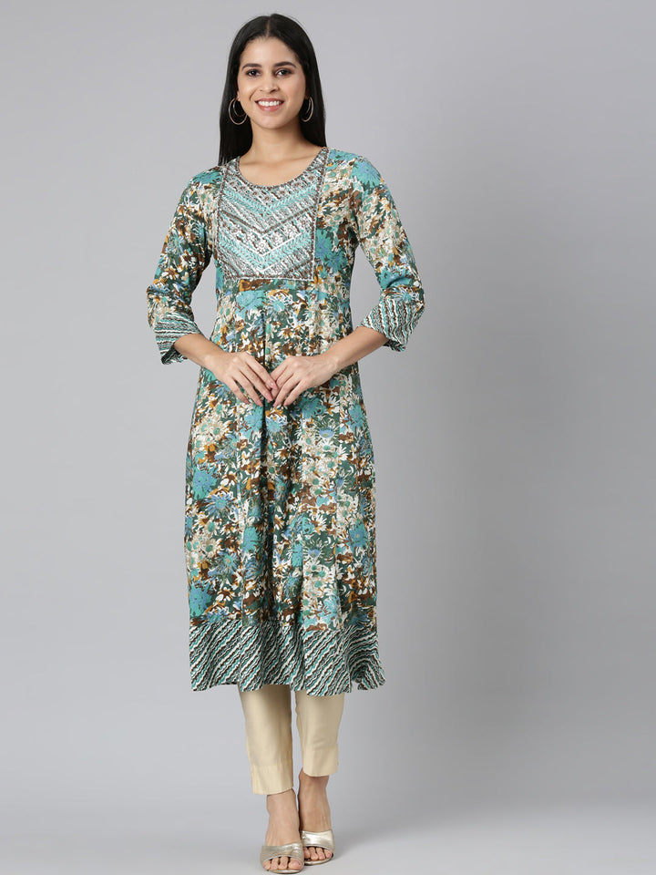 Neerus Green printed floral anarkali kurta - front view