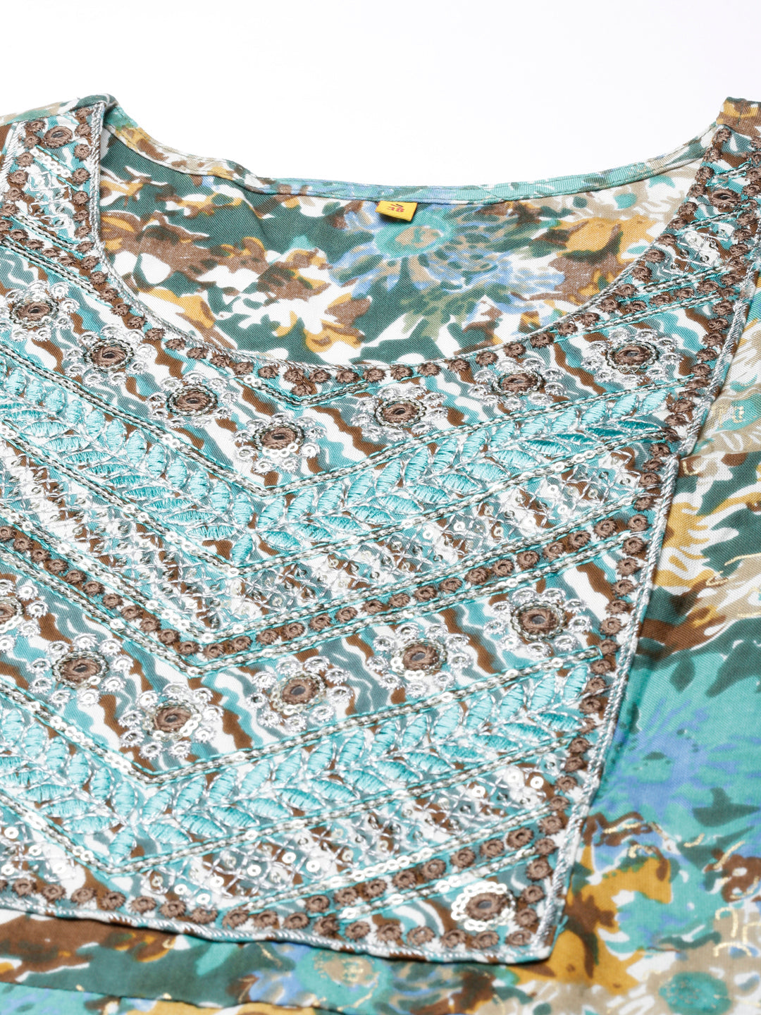Neerus Green printed floral anarkali kurta - detail view 3
