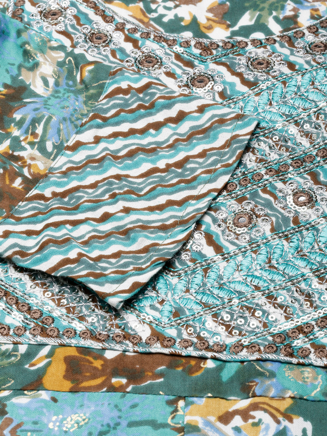Neerus Green printed floral anarkali kurta - detail view 4