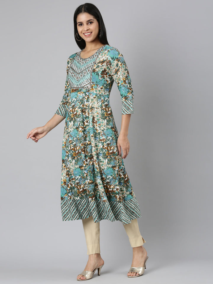 Neerus Green printed floral anarkali kurta - back view