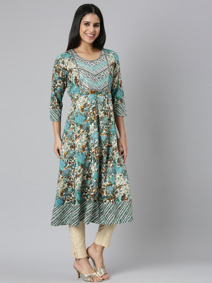 Neerus Green printed floral anarkali kurta - side view