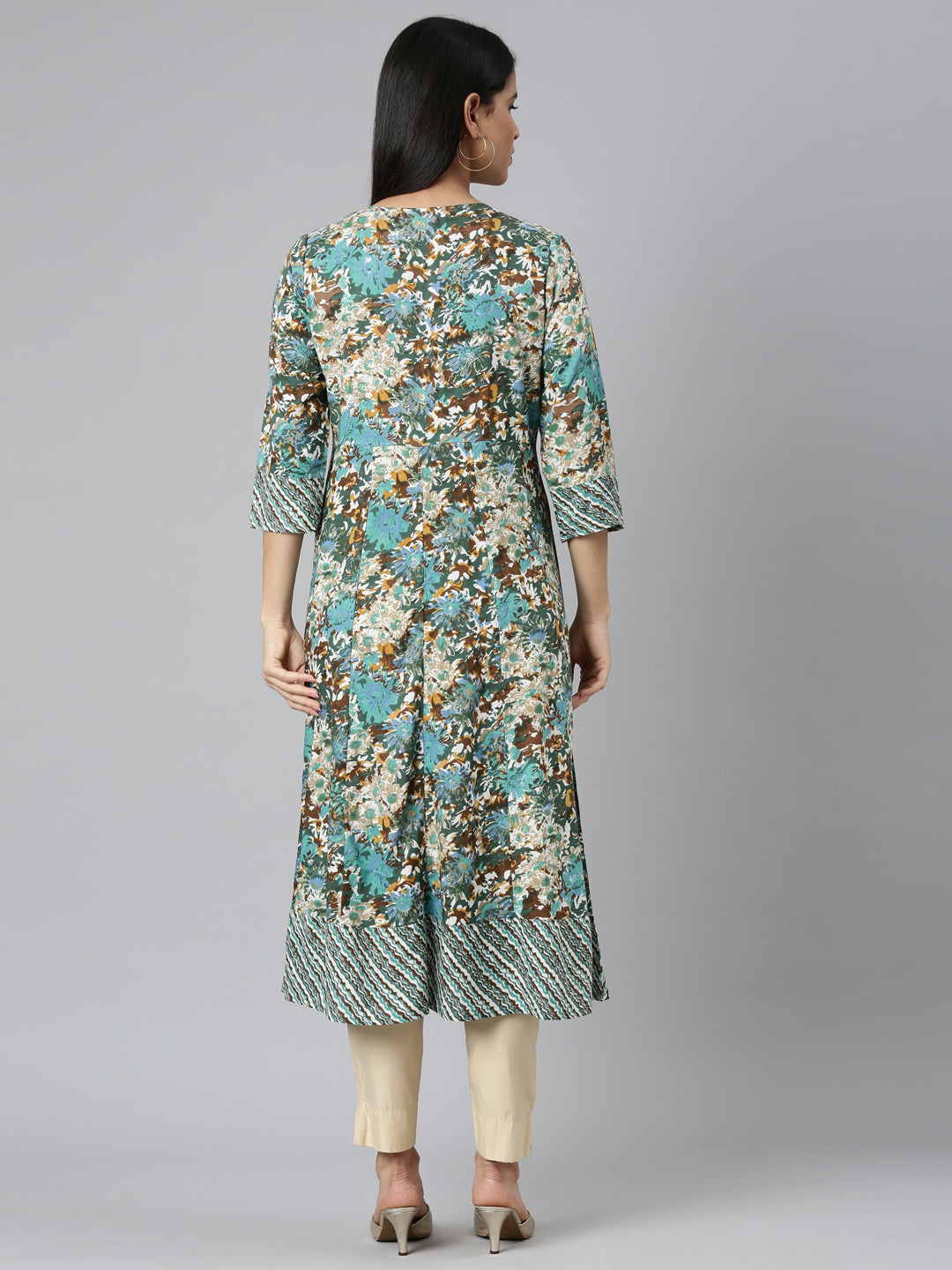 Neerus Green printed floral anarkali kurta - detail view 1
