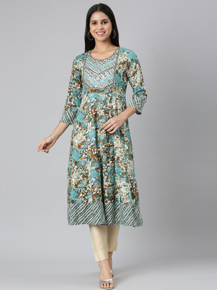 Neerus Green printed floral anarkali kurta - detail view 5